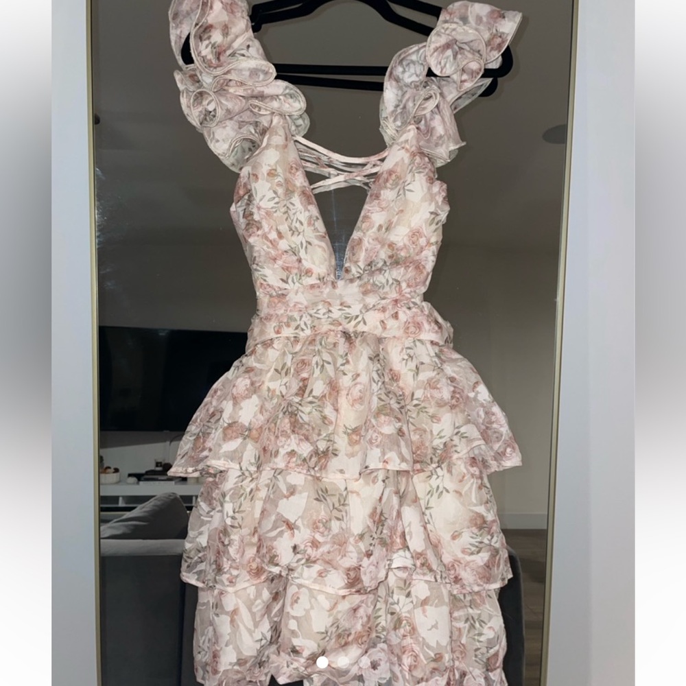 Storia Pink Floral Ruffled Tiered Mini Dress